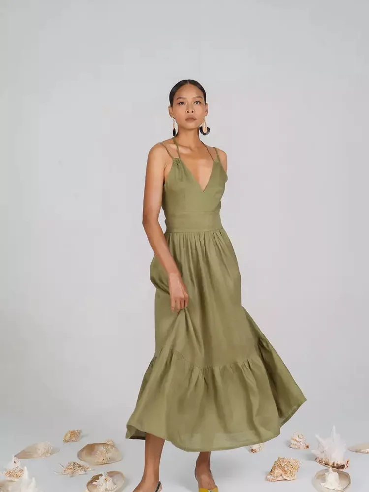 What Makes the Lady Deep V-Neck Long Casual Linen Dress Special?
