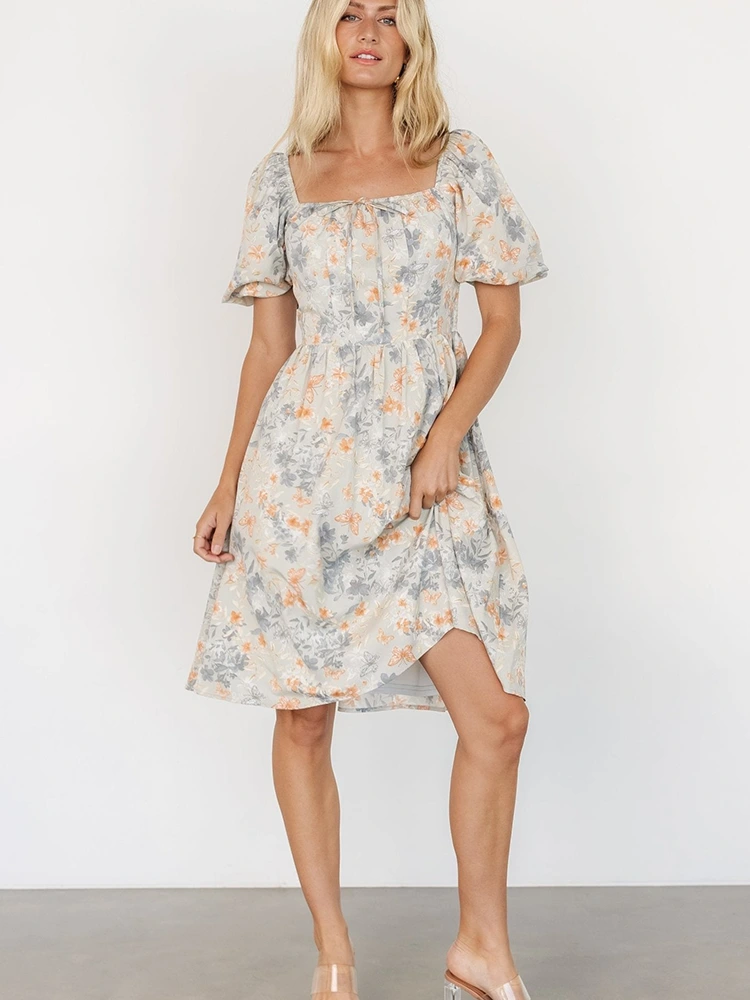 Floral Print Midi Square Neck Short Sleeve Dress