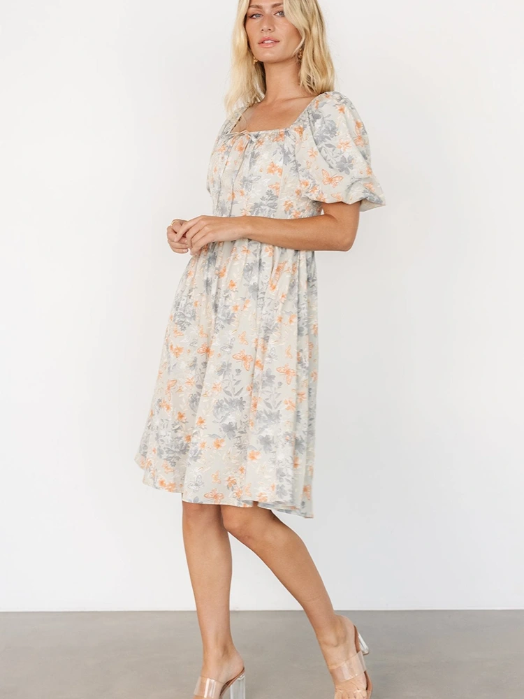 Floral Print Midi Square Neck Short Sleeve Dress