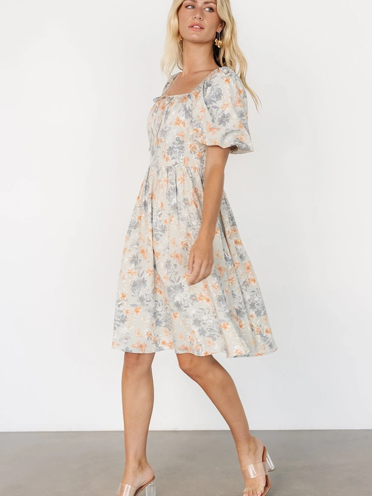 Floral Print Midi Square Neck Short Sleeve Dress