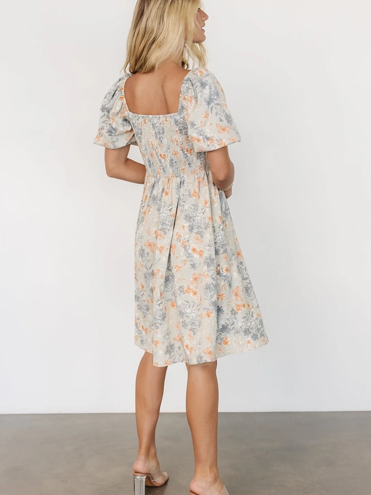 Floral Print Midi Square Neck Short Sleeve Dress