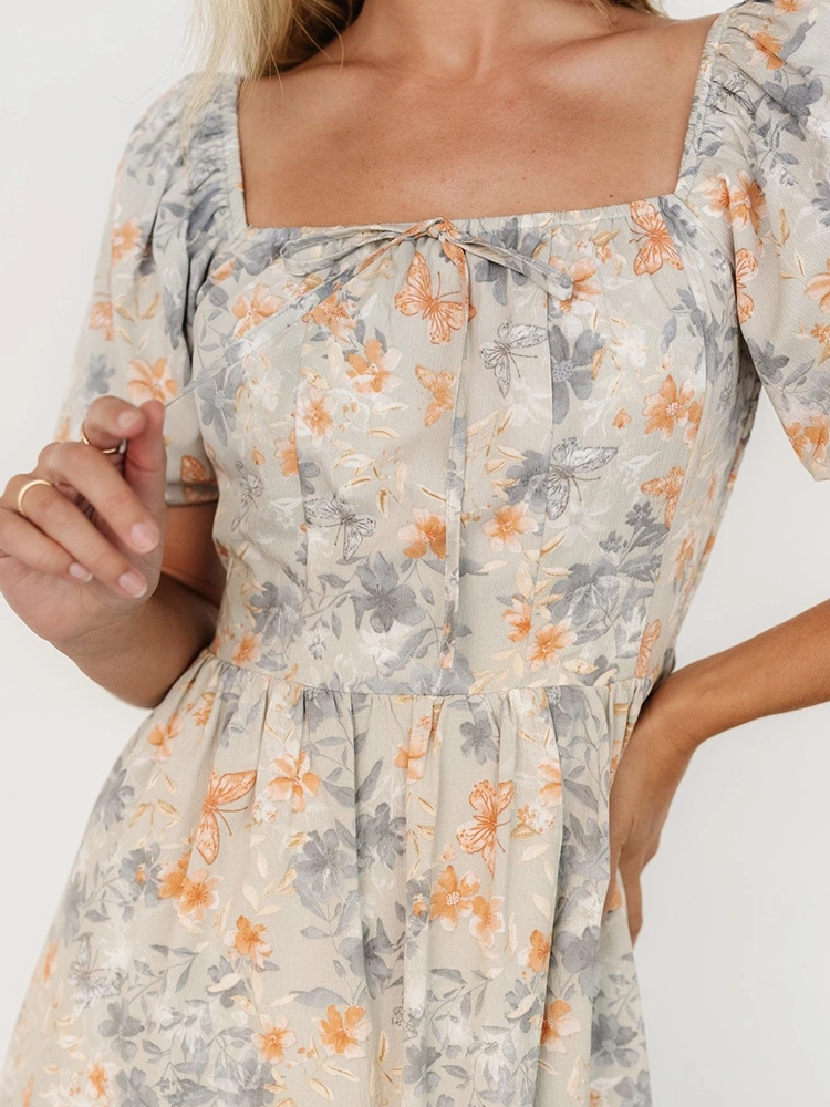 Floral Print Midi Square Neck Short Sleeve Dress