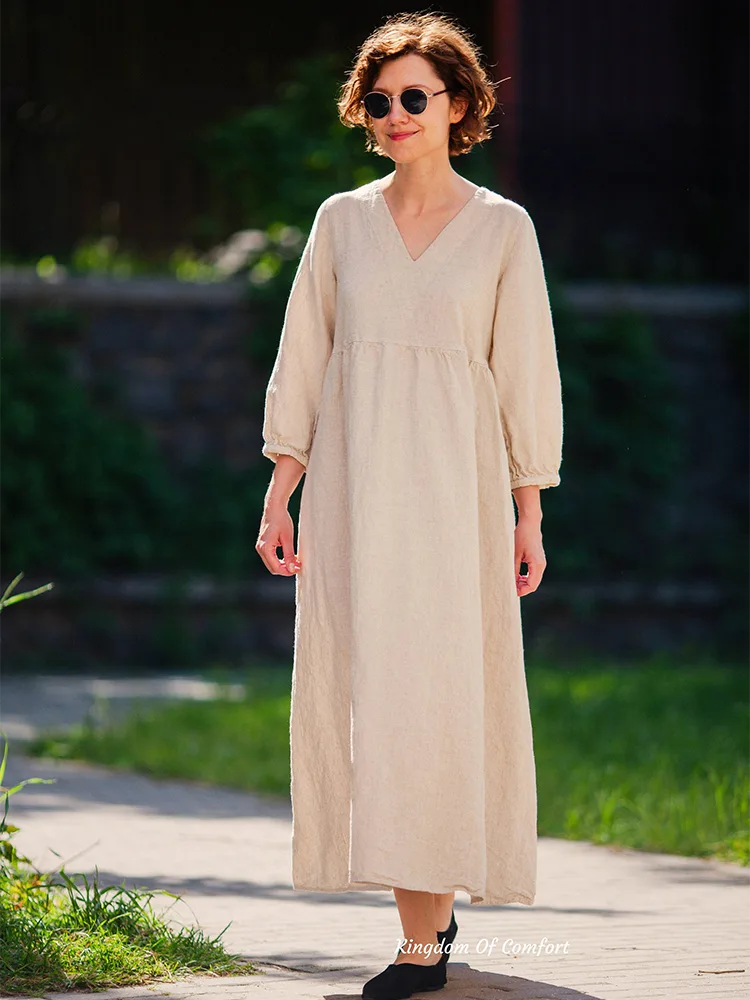 Long Sleeve Women Casual 100% Linen Dress